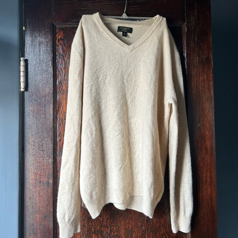 Club Room 100% Cashmere Cream V-Neck Sweater - XL Unisex Heritage Knit